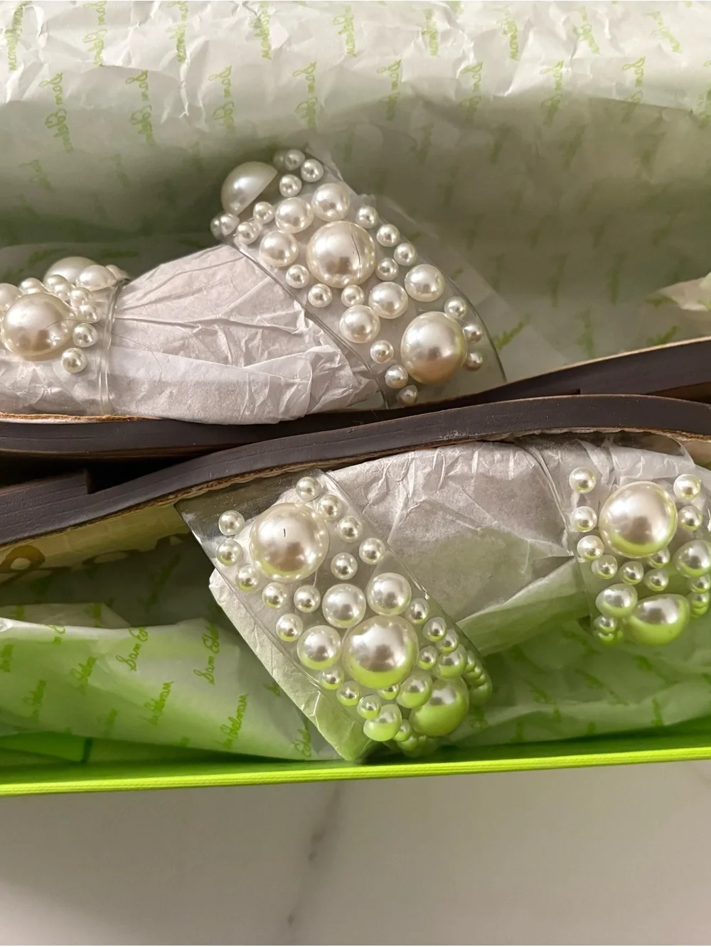 Sam Edelman Pearl-Embellished Clear Double-Strap Slide Sandals - Ivory/Clear
